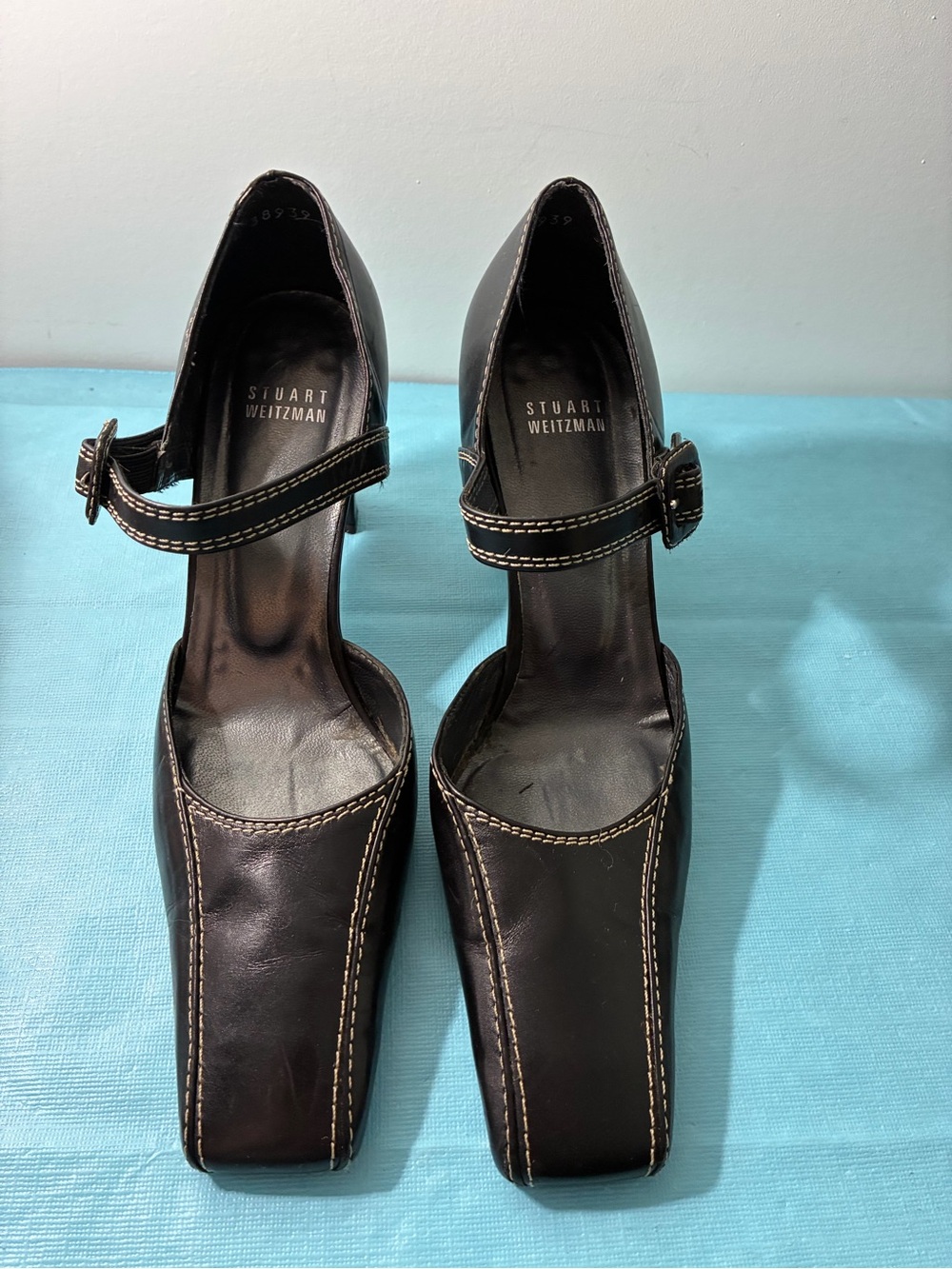 Stuart Weitzman Black Leather Mary Jane Square Toe Buckle Pumps Size 8